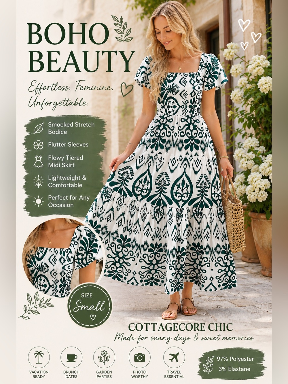 Boutique 9 Green and White Printed Square-Neck Maxi Dress
